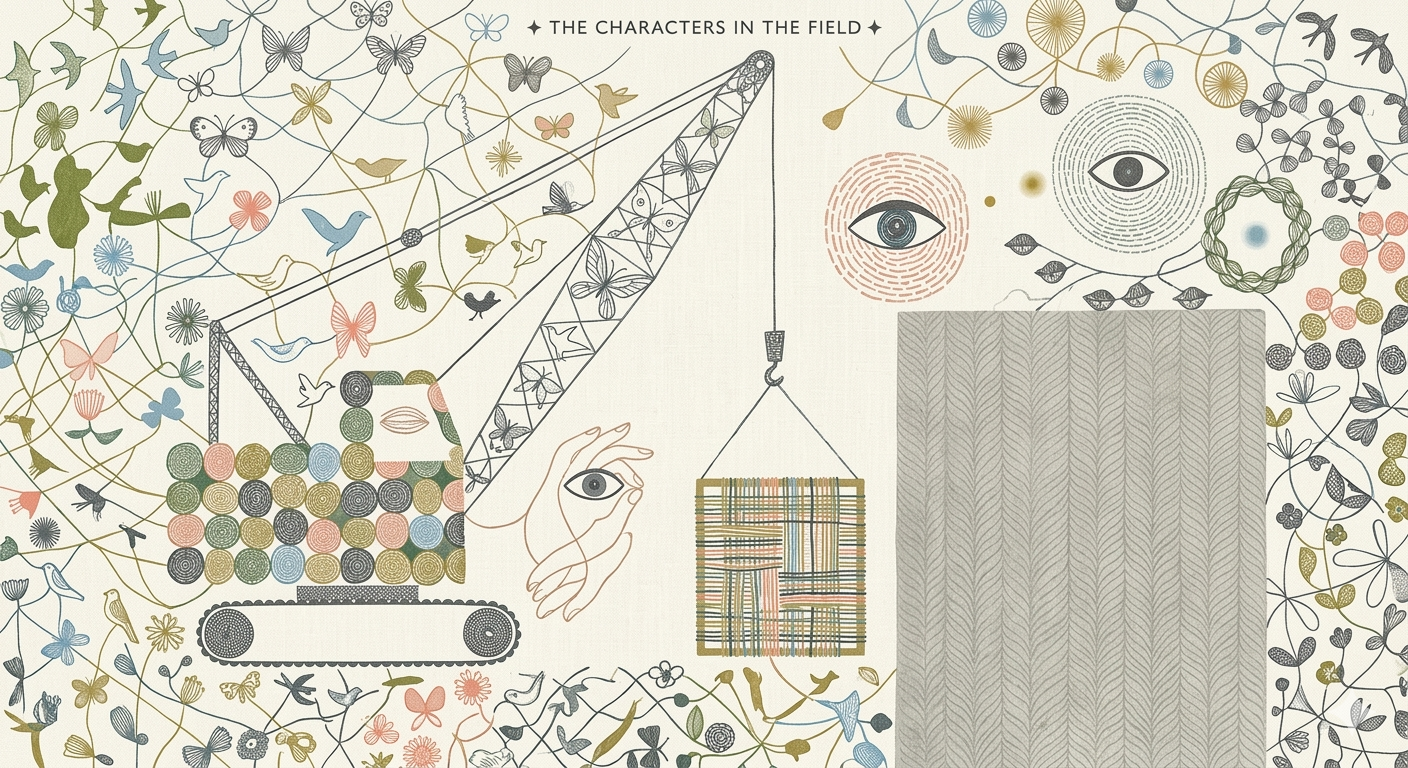 Digital illustration of a crane lifting a patterned block while birds, eyes, hands, and connective lines move across the same symbolic field.