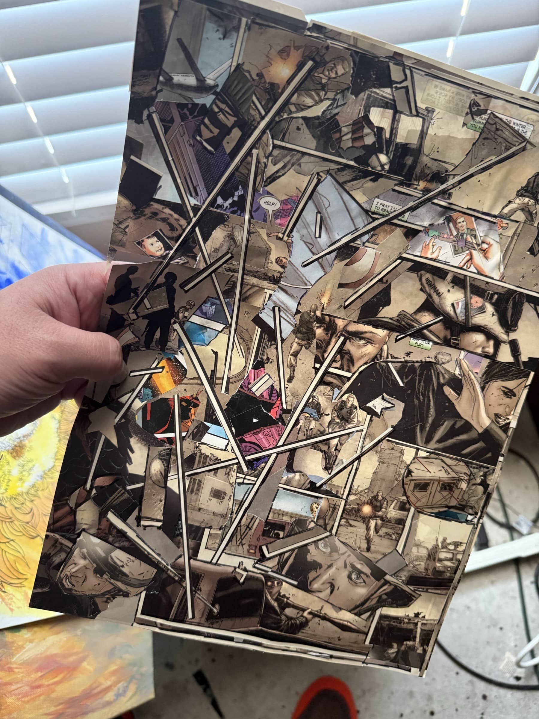 Sepia-dominant fracture collage with layered faces, architecture, and white structural bars.