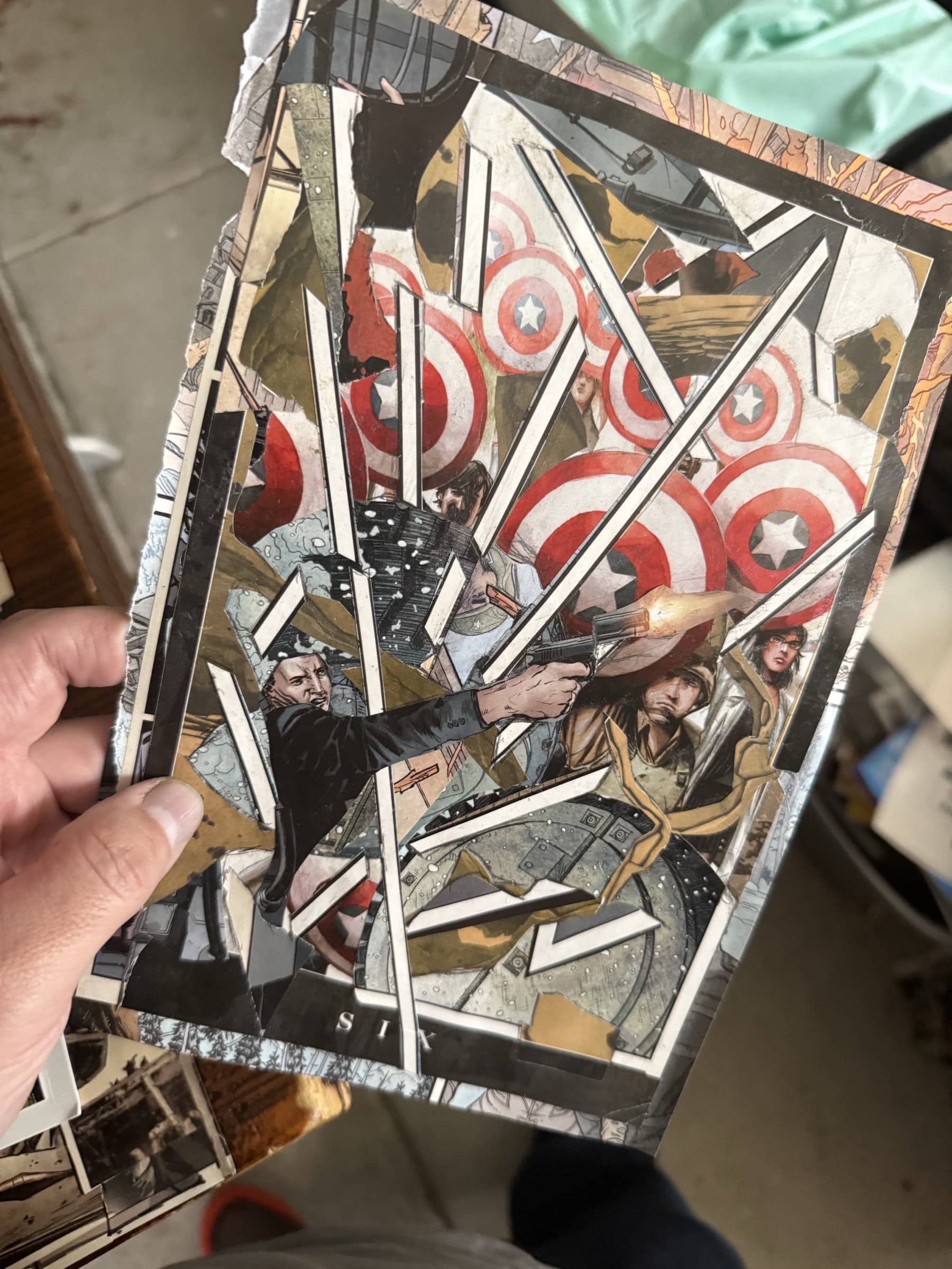 Shield-field collage with repeated Captain America shield fragments and angled structural beams.