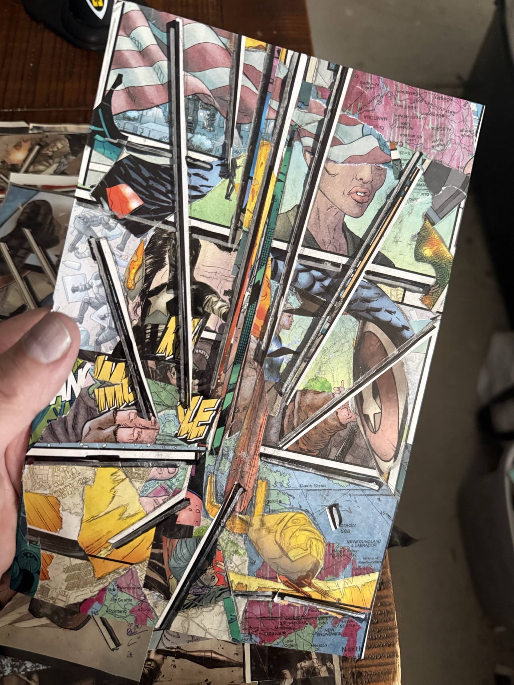 Pink-dominant collage with fractured figure fragments and black-yellow accents.