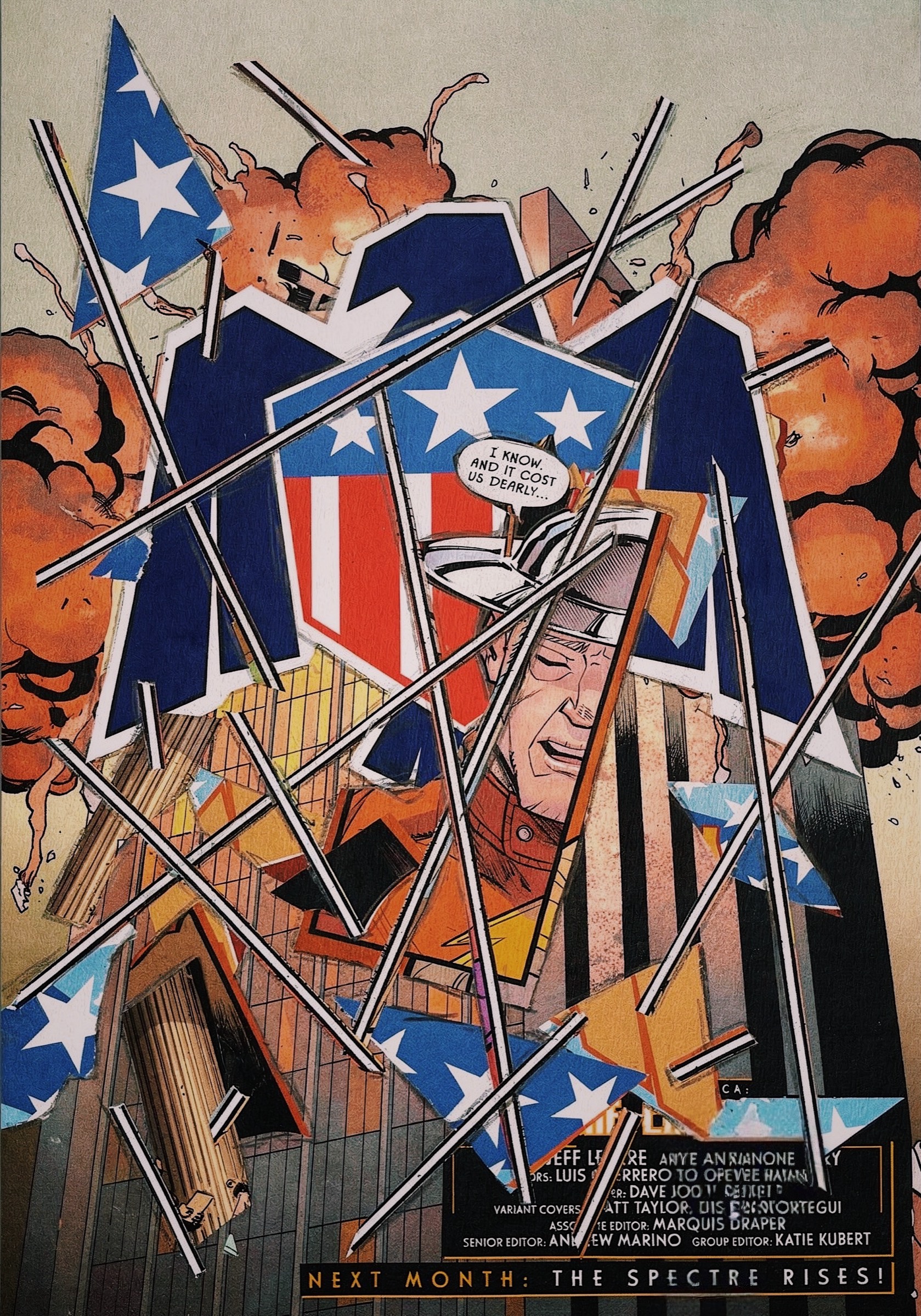 Closer view of torn panel layering and diagonal paper shards across the composition.