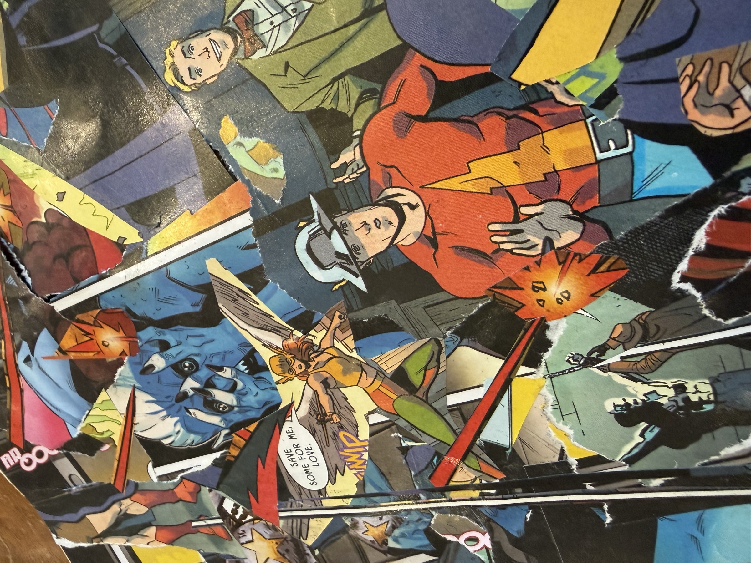 Detail view of compressed panel collisions and speech fragments.