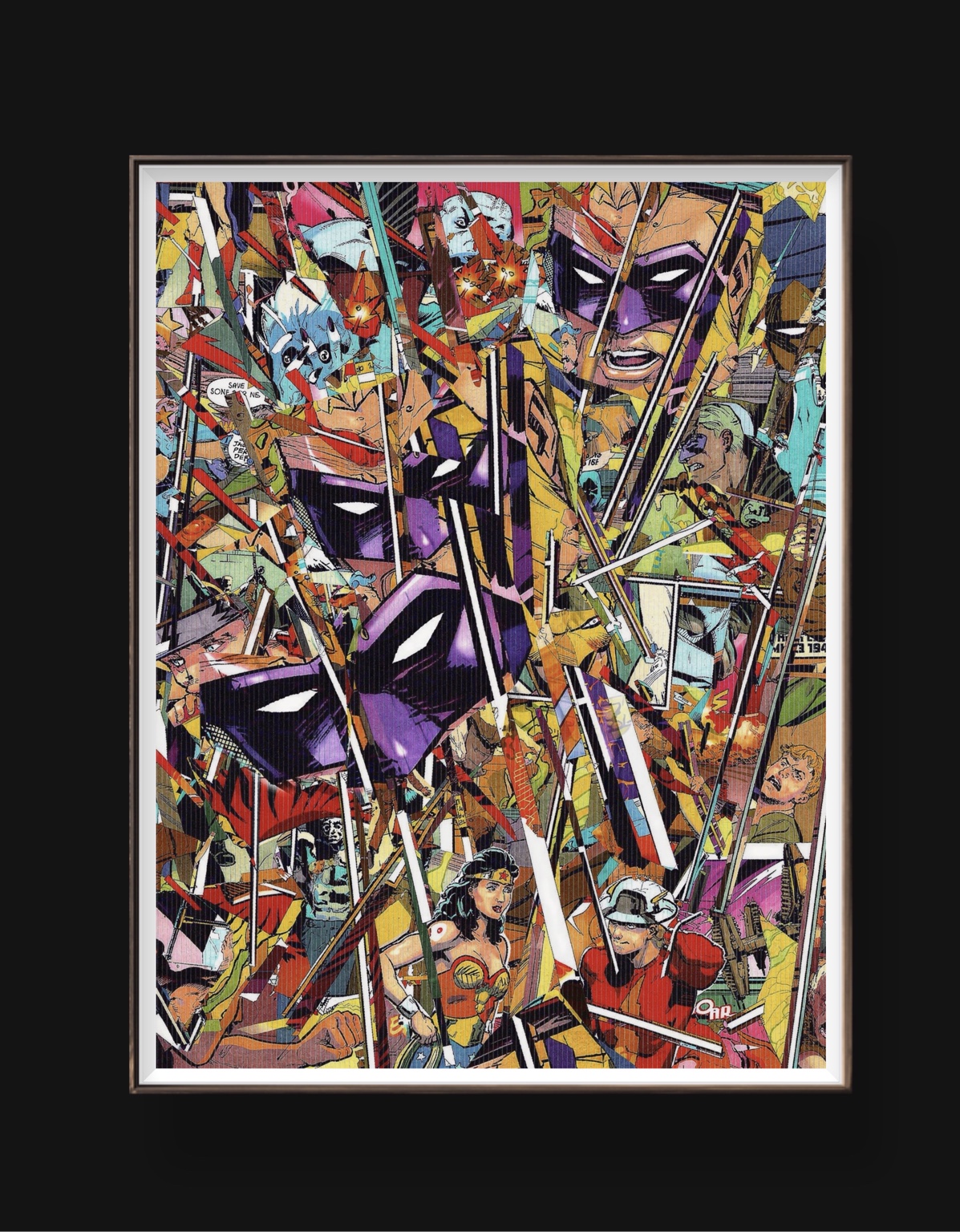 Framed JSA collage mounted upright within a white mat, with a vertical masked-face spine running through the fractured field.