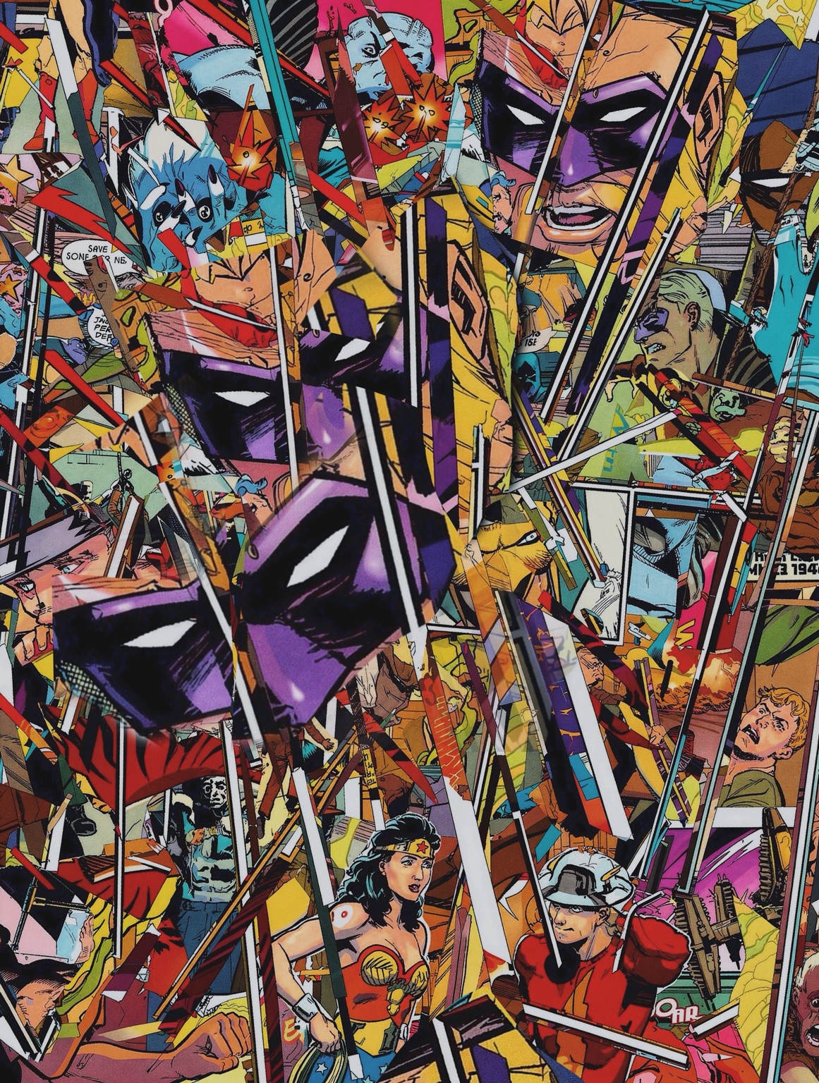 Close detail of torn comic fragments, overlapping diagonals, and repeated mask fragments inside the JSA Signal Fracture collage.
