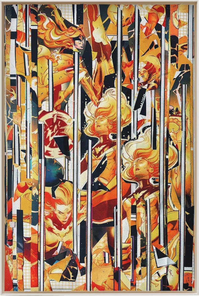 Primary capture of the framed Phoenix collage surface with repeated figure fragments, flame motion, and vertical fracture bands.