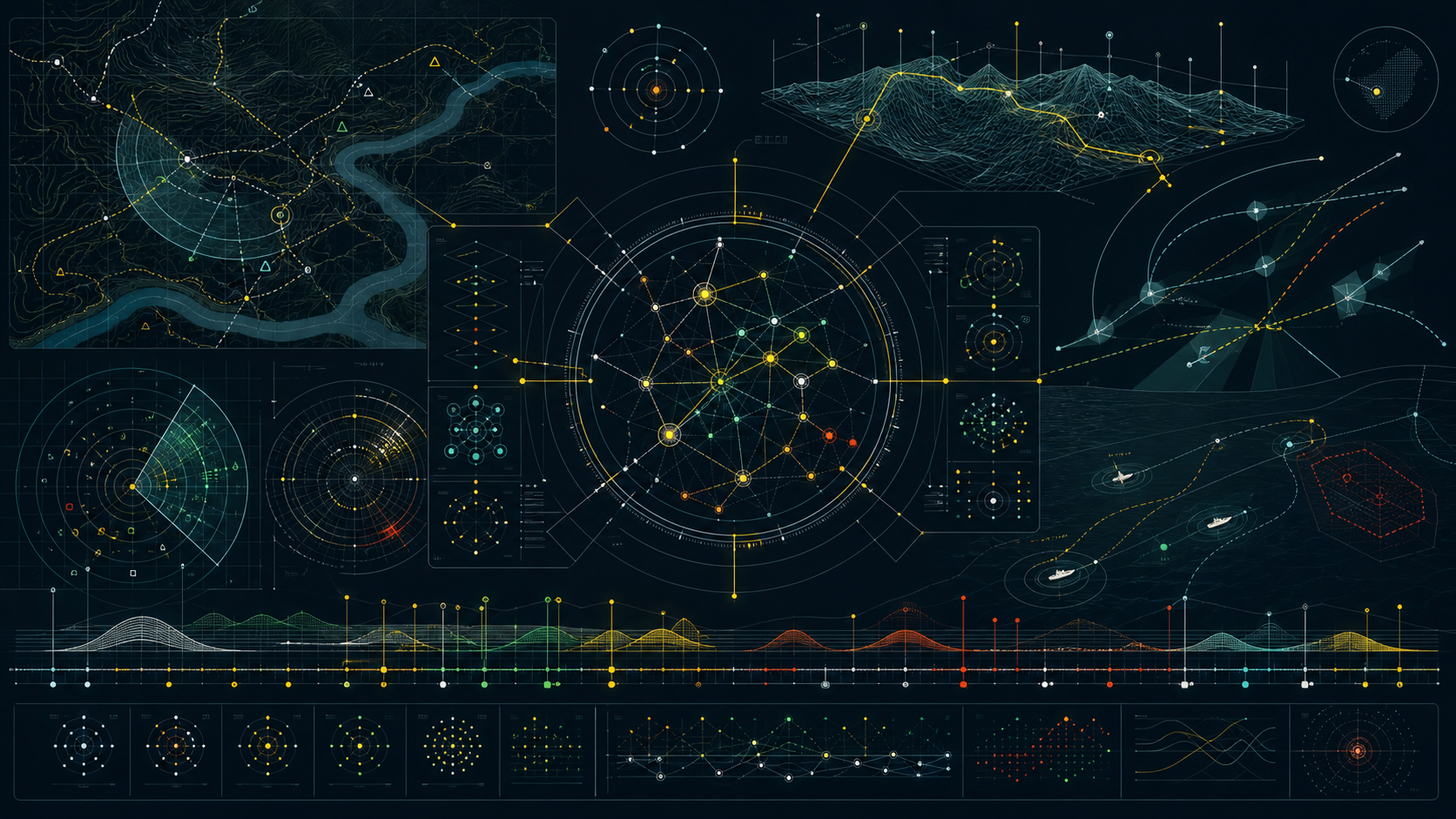 An operational instrumentation atlas combining terrain, radar, infrastructure topology, tracked movement, sensor correlation, and temporal signals.