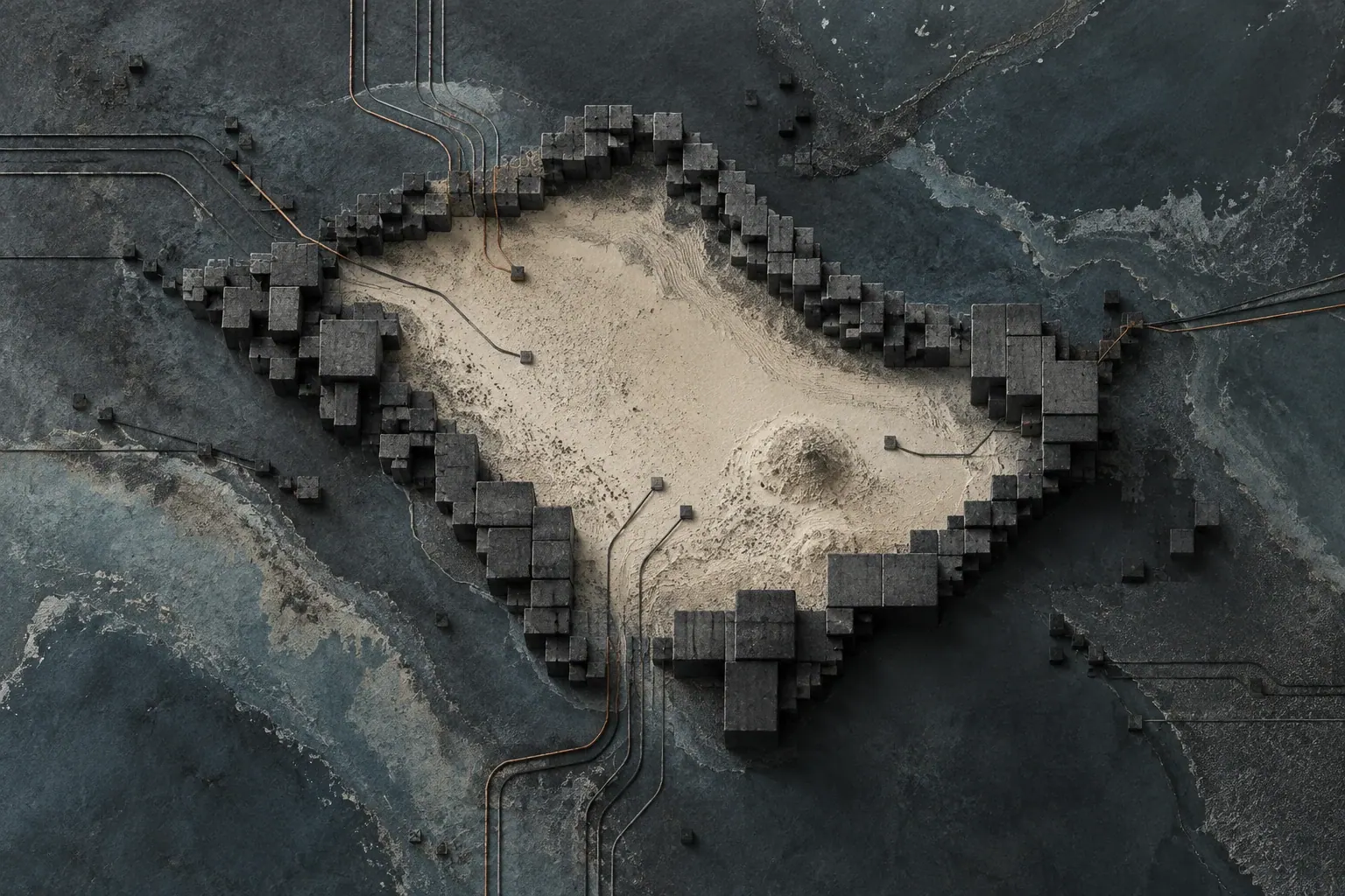 Dark modular blocks form an island-like perimeter around pale sand as fine copper lines enter from a slate-blue field.