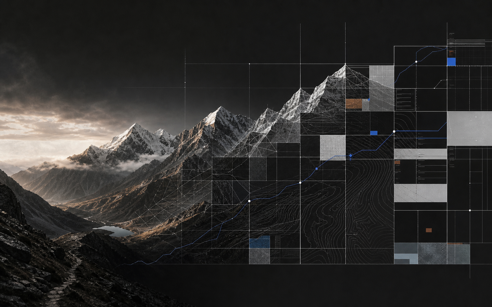 An Andean ridgeline transitions into a disciplined publication grid with topographic contours, modular frames, and electric blue route lines.