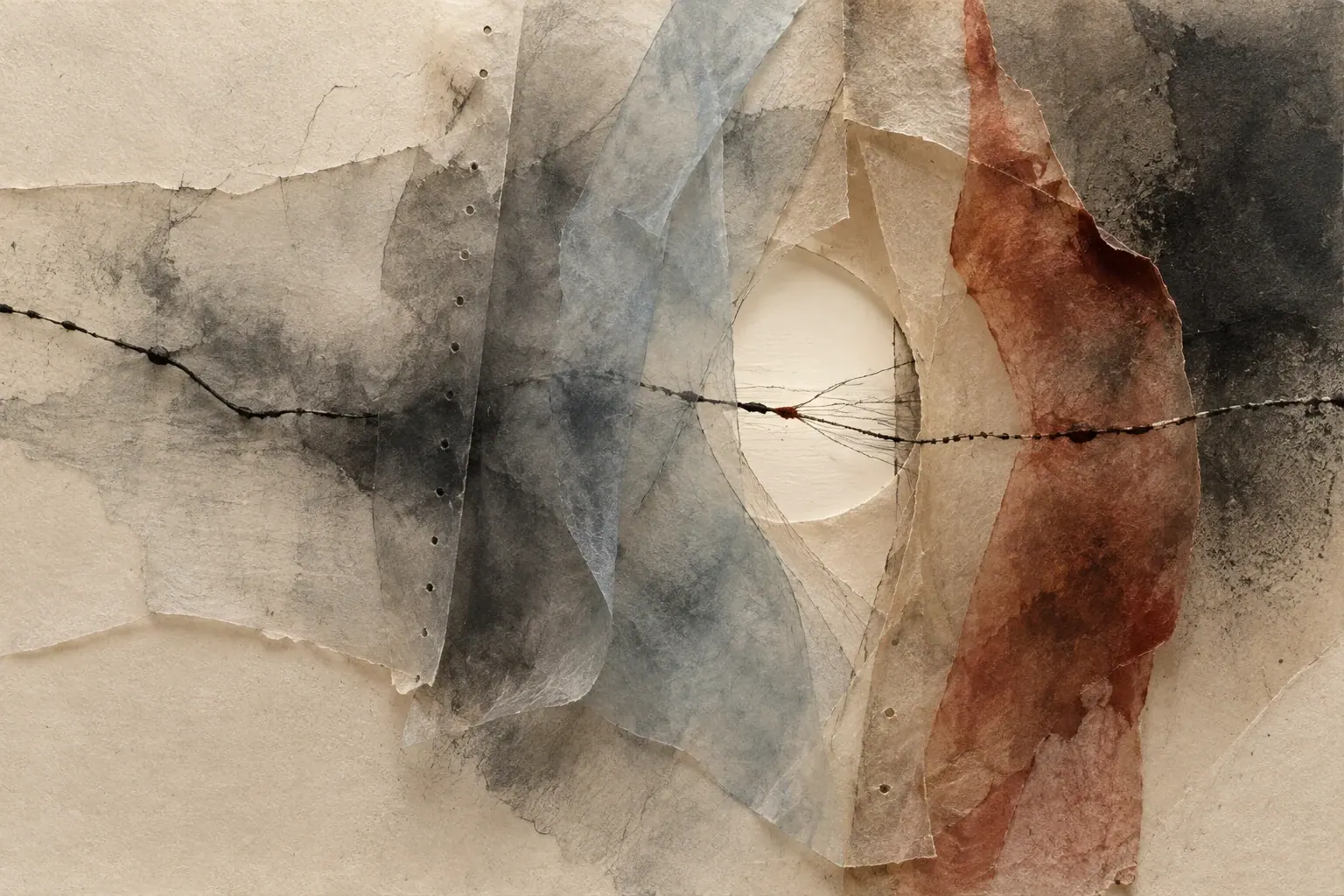 Translucent torn-paper layers surround a clear aperture while one dark stitched line passes through them.