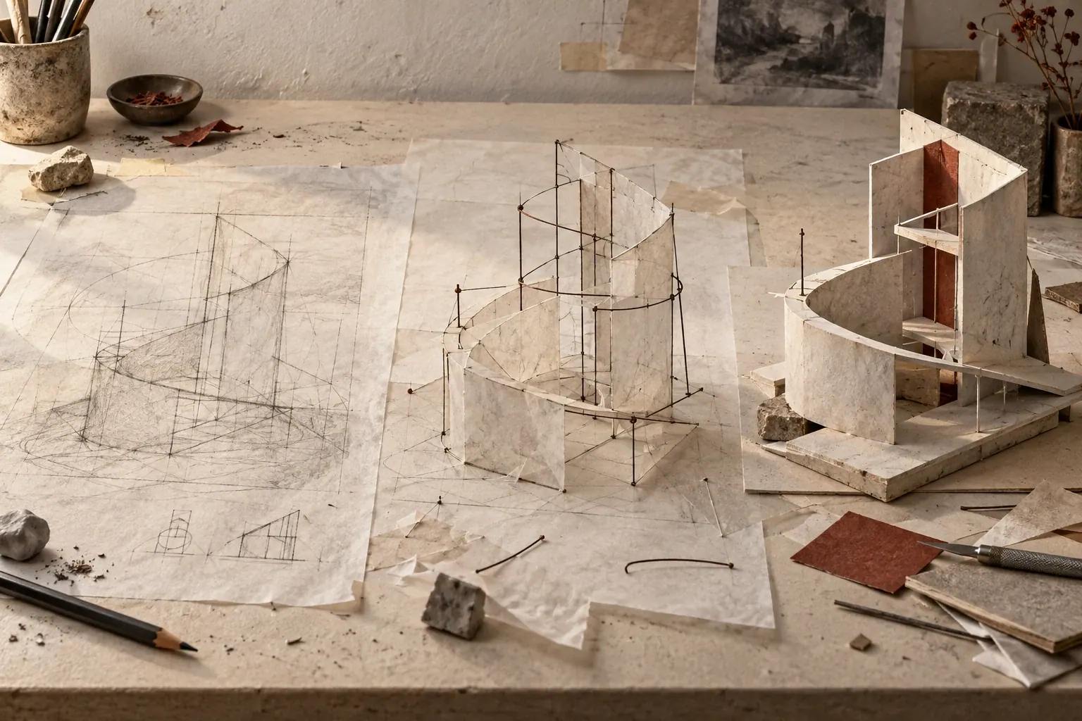A studio workbench holds a faint graphite study, a fragile paper-and-wire model, and a more resolved architectural form.