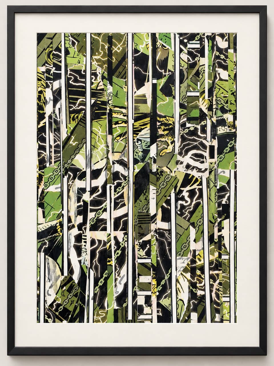The finished Frankenstein comic collage presented inside a wide white mat and narrow black frame.