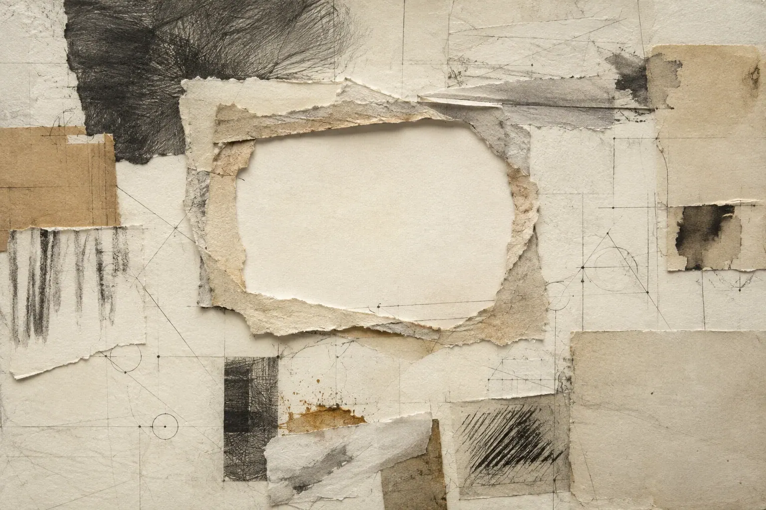 An open frame of torn paper rests among overlapping fragments, graphite grids, and charcoal marks on a warm paper surface.