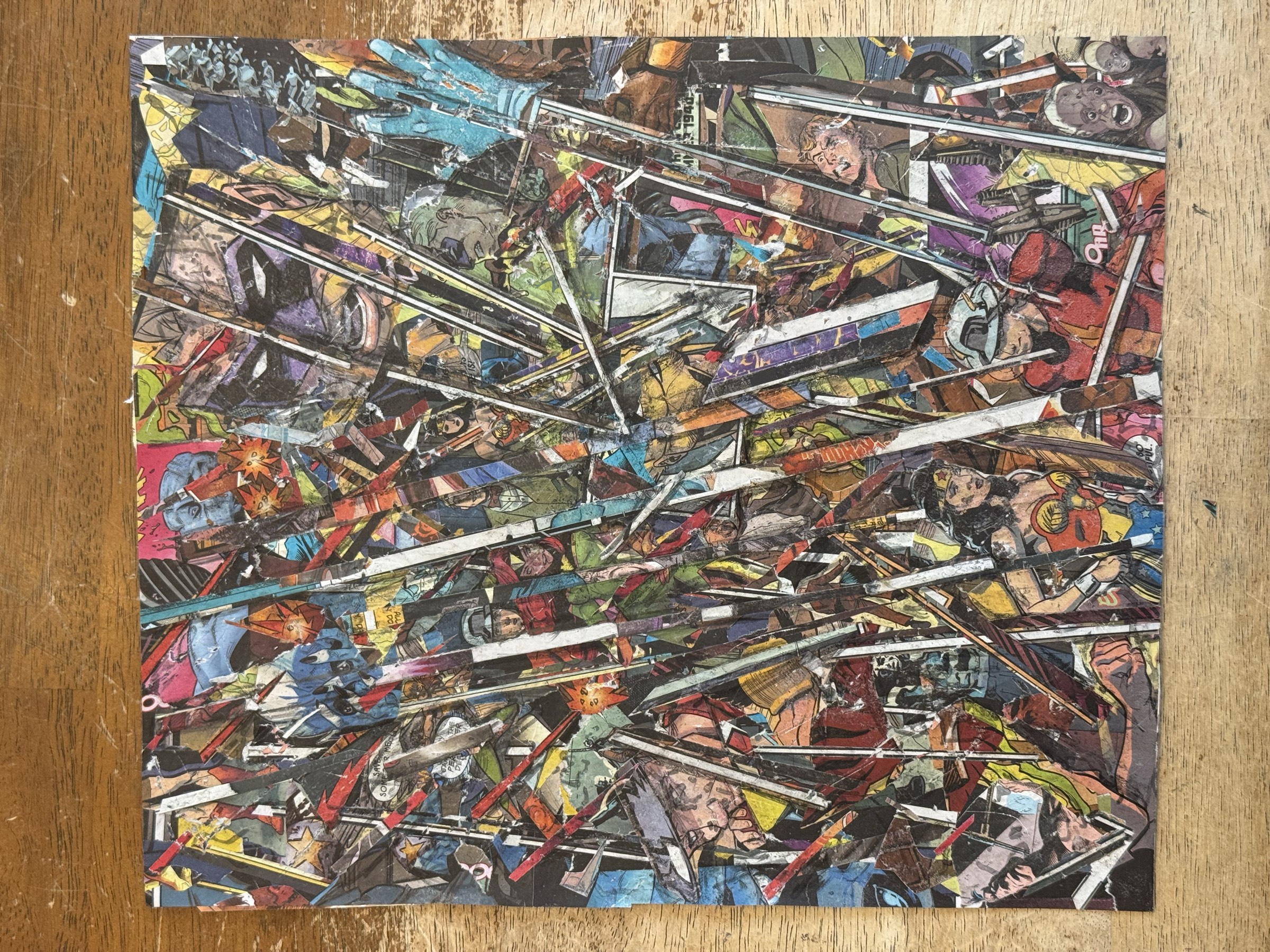 Centered full-frame view of the third JSA collage evolution, packed with diagonal shard strips and compressed superhero fragments.