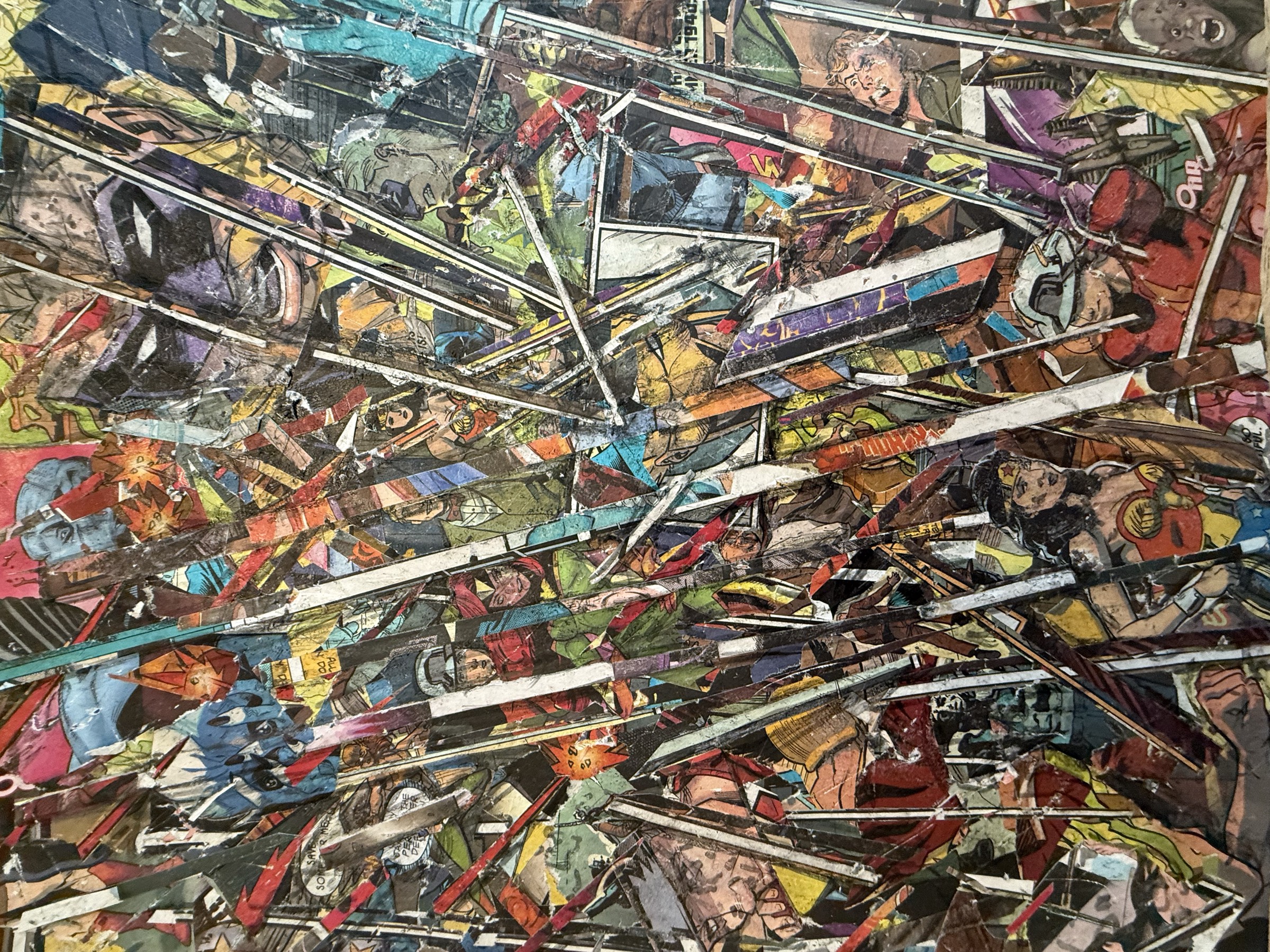 Close detail of the central collision zone where white shard strips cross over buried figure panels.