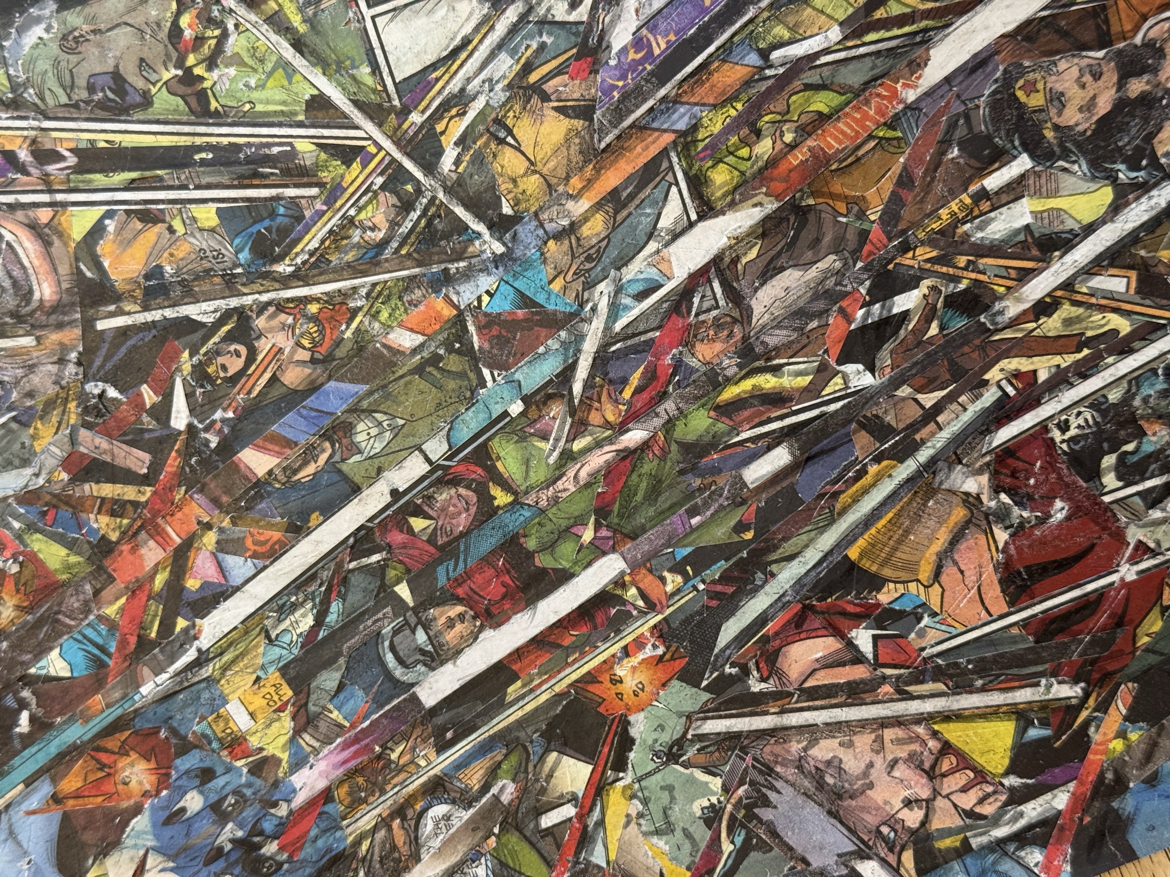 Detail view of the dense lower-right lattice where figures remain legible beneath later cuts and graphite marks.