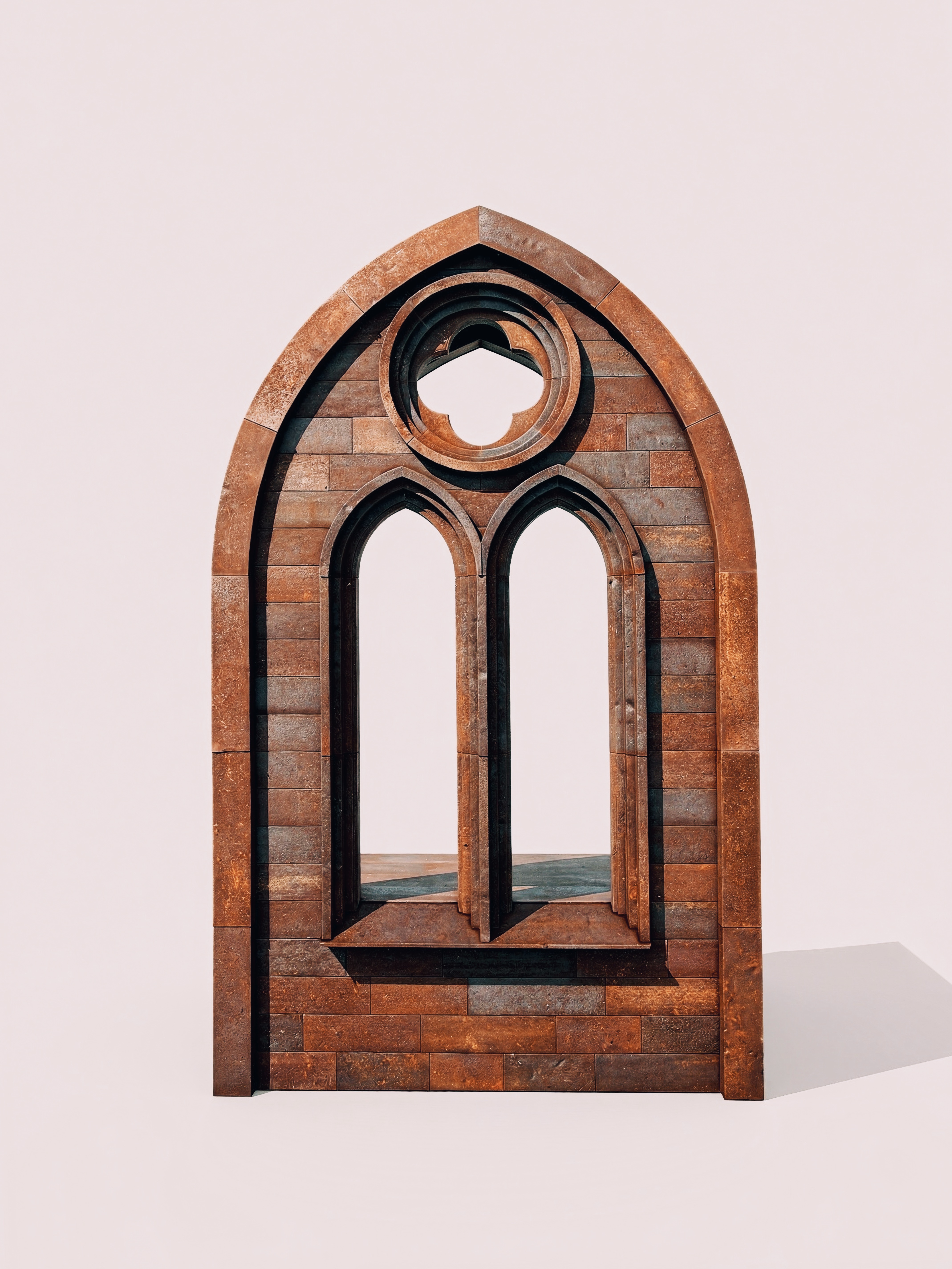 Freestanding arched stone installation with two tall inner openings and a circular aperture near the top.