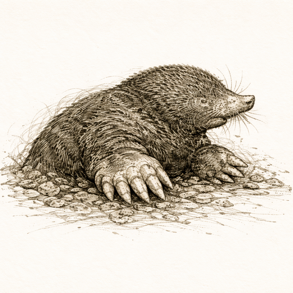 Sepia illustration of an eastern mole emerging from soil with broad digging forelimbs extended.