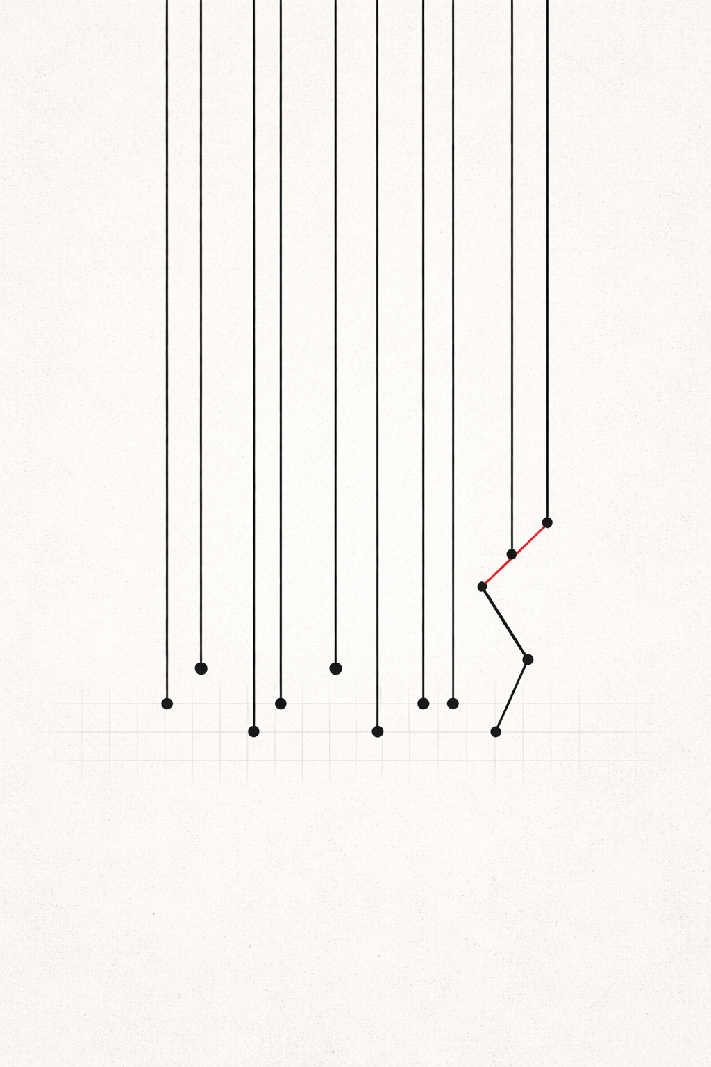 Abstract visual with marionette-like control lines and a broken central thread.